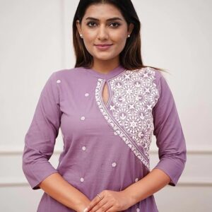GoSriKi Women's Cotton Blend Embroidered Straight Kurta with Pant & Dupatta